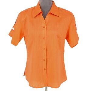 JMP Top Womens Medium Orange Linen Embroidered Cut Outs Blouse Button New